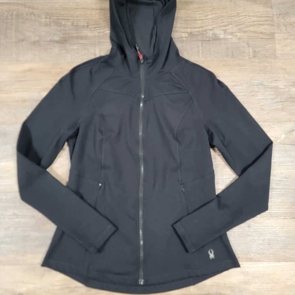Spyder Active Jacket Womens Medium Black Full Zip Hooded Logo Athleisure Gym - Picture 6 of 12